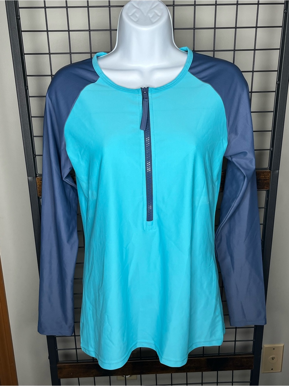 Wave Life Aqua and Navy Front-Zip Long Sleeve Swim Top